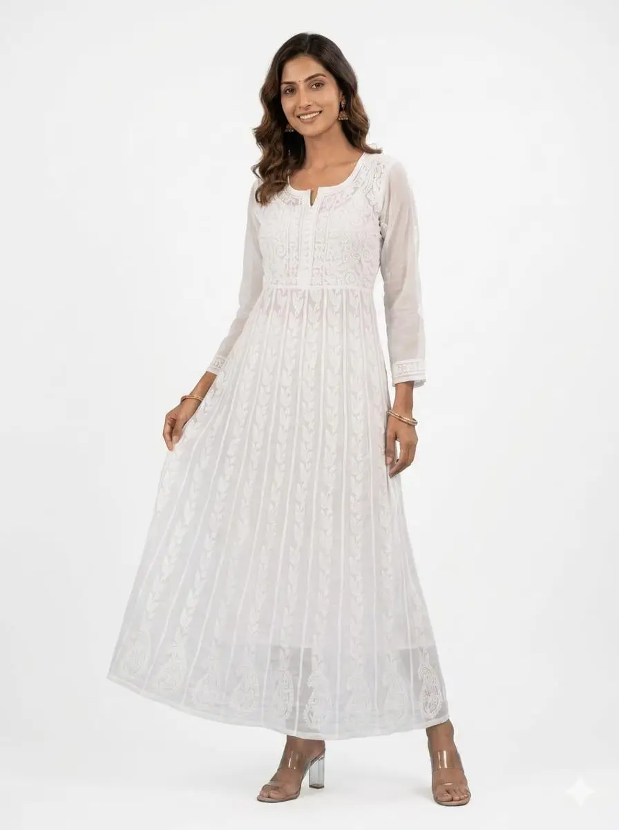 LCF Chiffon Hand Embroidered Chikan Anarkali - White