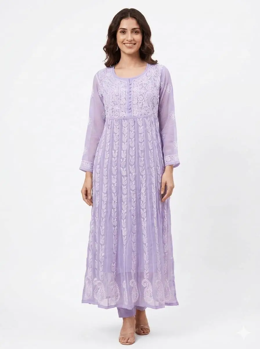 LCF Chiffon Hand Embroidered Chikan Anarkali - Lavender
