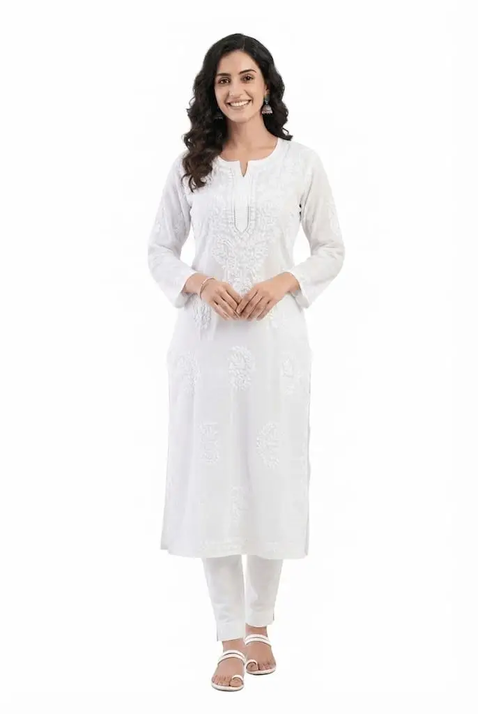 LCF Women's Mal Cotton Dyable Long Kurti With Ghass Patti Work