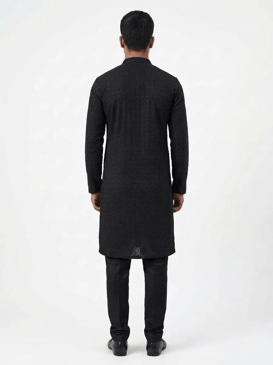 LCF Men's Reyon Chikan Kurta With Computer Hakoba Work - Black view 2
