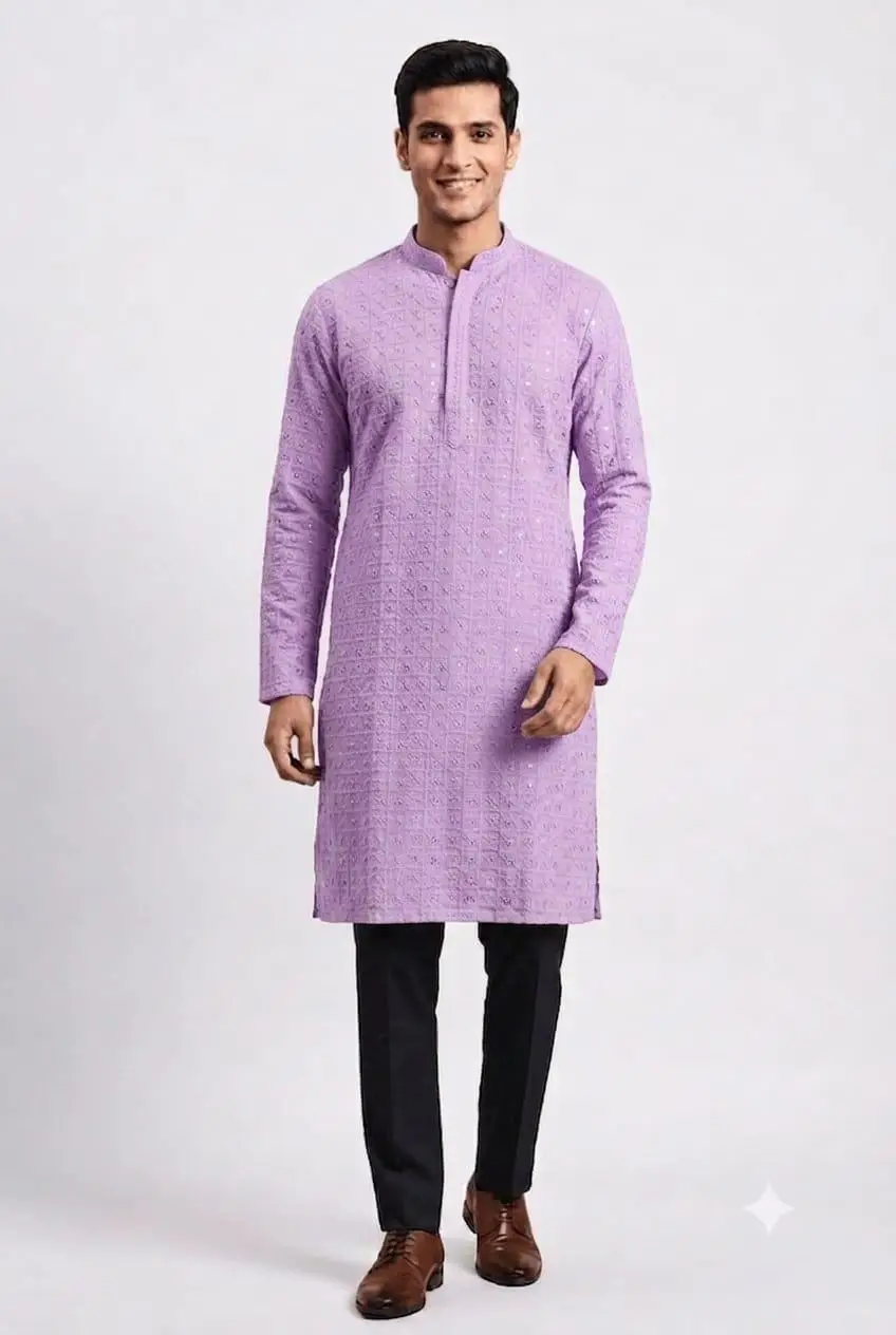 LCF Men's Reyon Chikan Kurta With Computer Hakoba Work - Lavender
