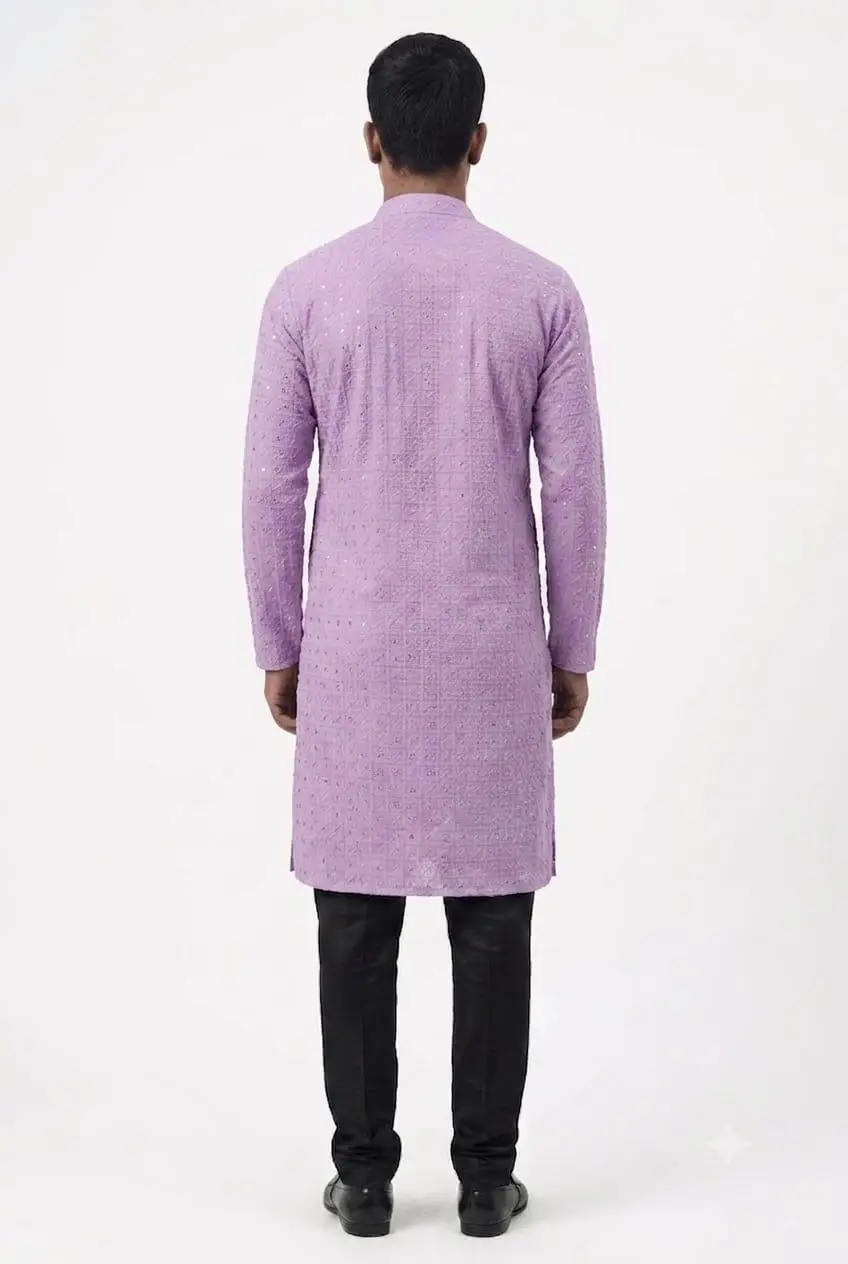 LCF Men's Reyon Chikan Kurta With Computer Hakoba Work - Lavender view 2