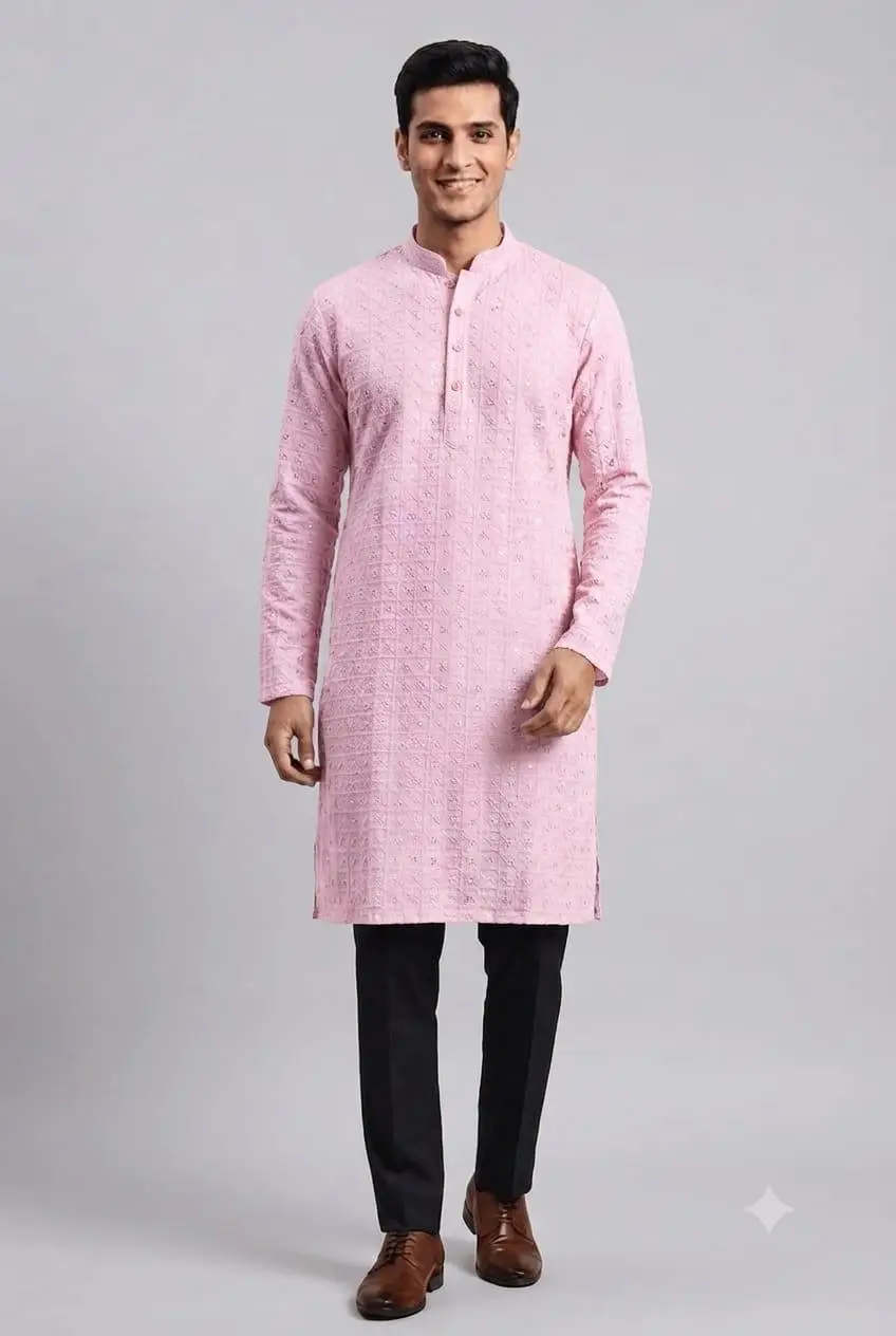 LCF Men's Reyon Chikan Kurta With Computer Hakoba Work - Light Pink