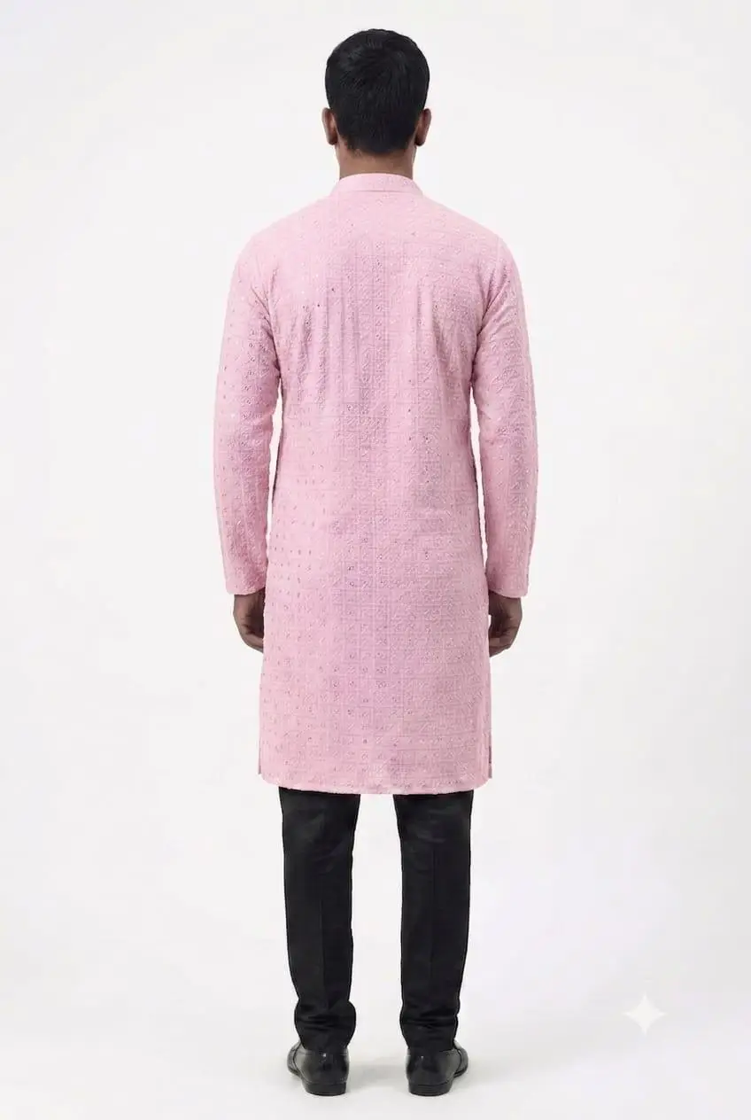 LCF Men's Reyon Chikan Kurta With Computer Hakoba Work - Light Pink view 2