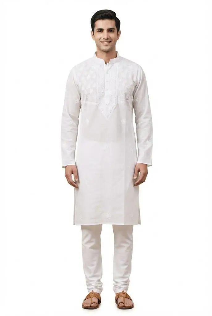 LCF Men's Mal Cotton Chikan Kurta With Fanda Bakhiya Work