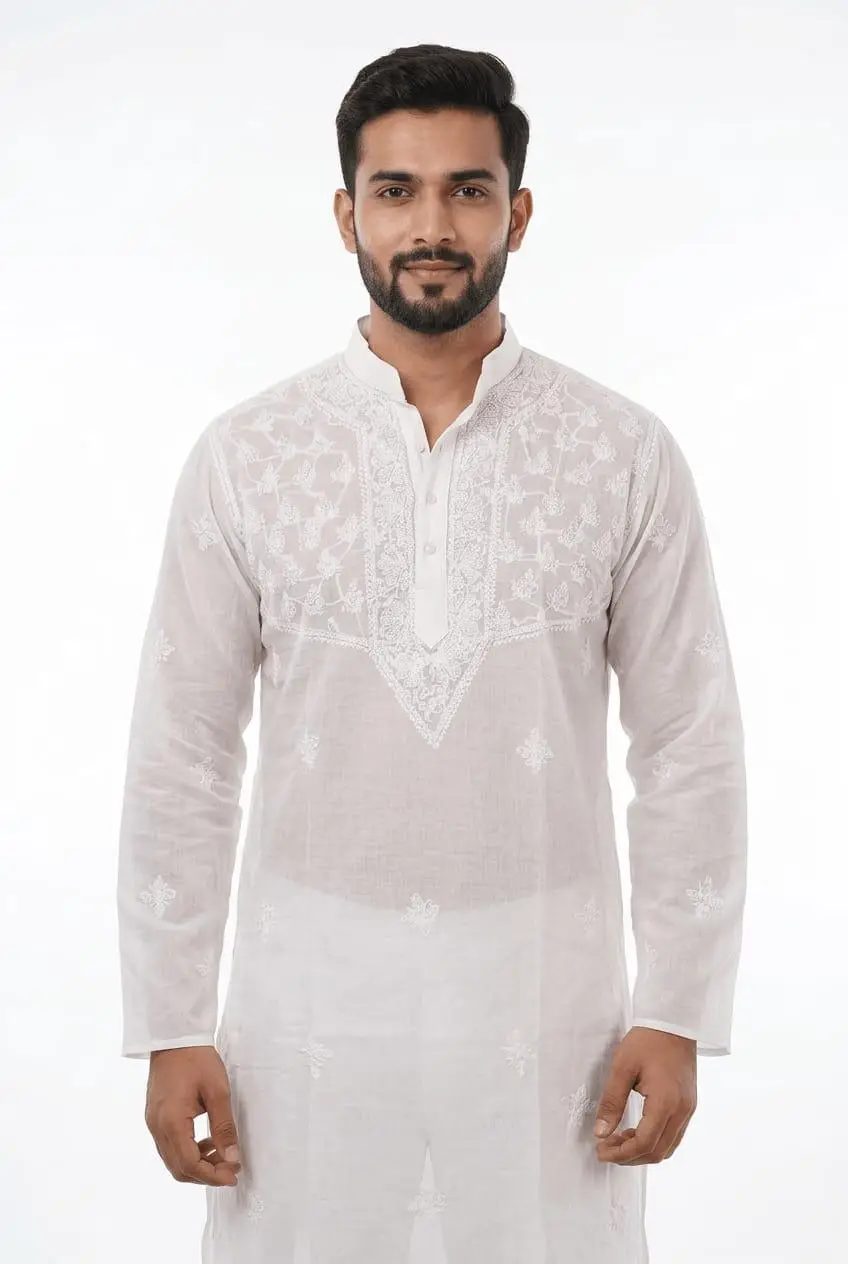 LCF Men's Mal Cotton Chikan Kurta With Fanda Bakhiya Work view 2