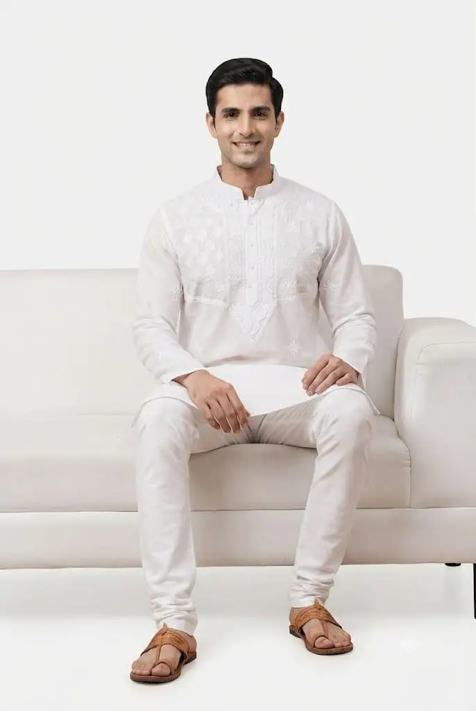 LCF Men's Mal Cotton Chikan Kurta With Fanda Bakhiya Work view 3