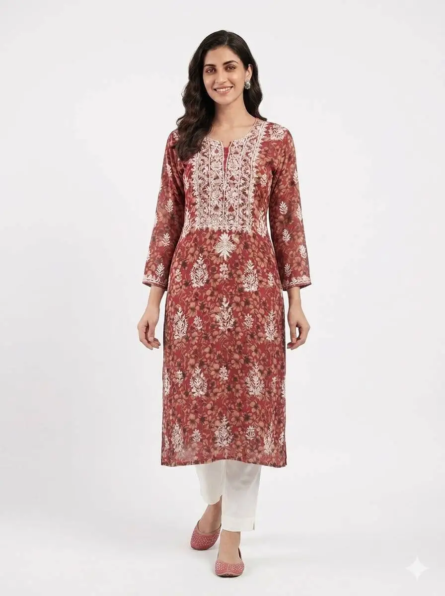 LCF CHIKAN EMBROIDERED UNSTITCHED Kurti piece only -RED