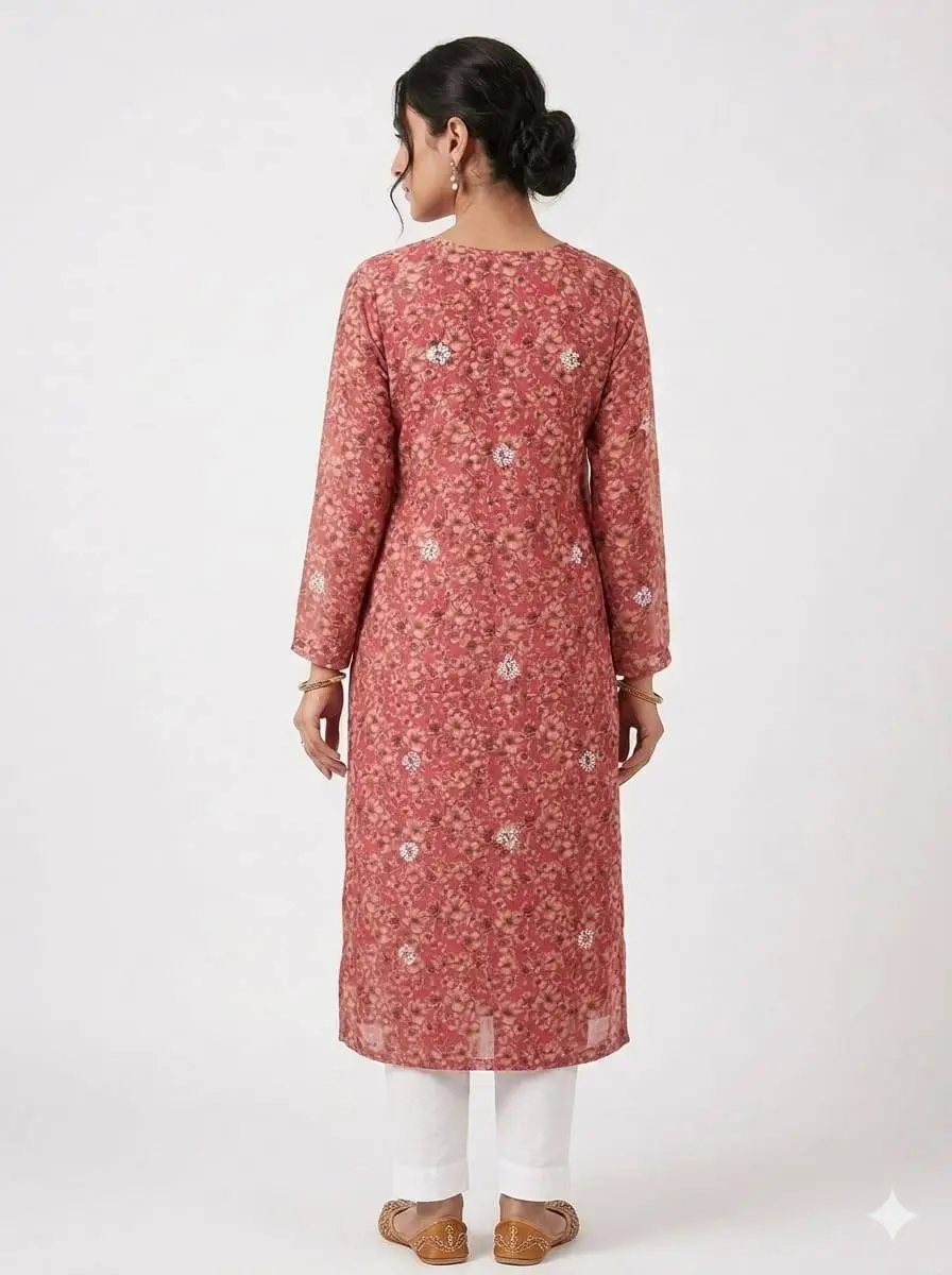 LCF CHIKAN EMBROIDERED UNSTITCHED Kurti piece only -RED view 2