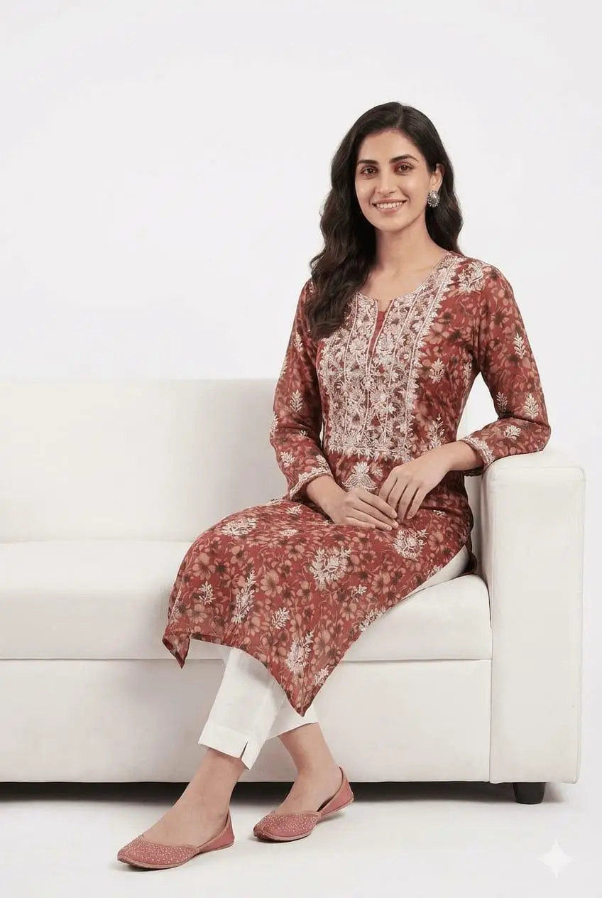 LCF CHIKAN EMBROIDERED UNSTITCHED Kurti piece only -RED view 3