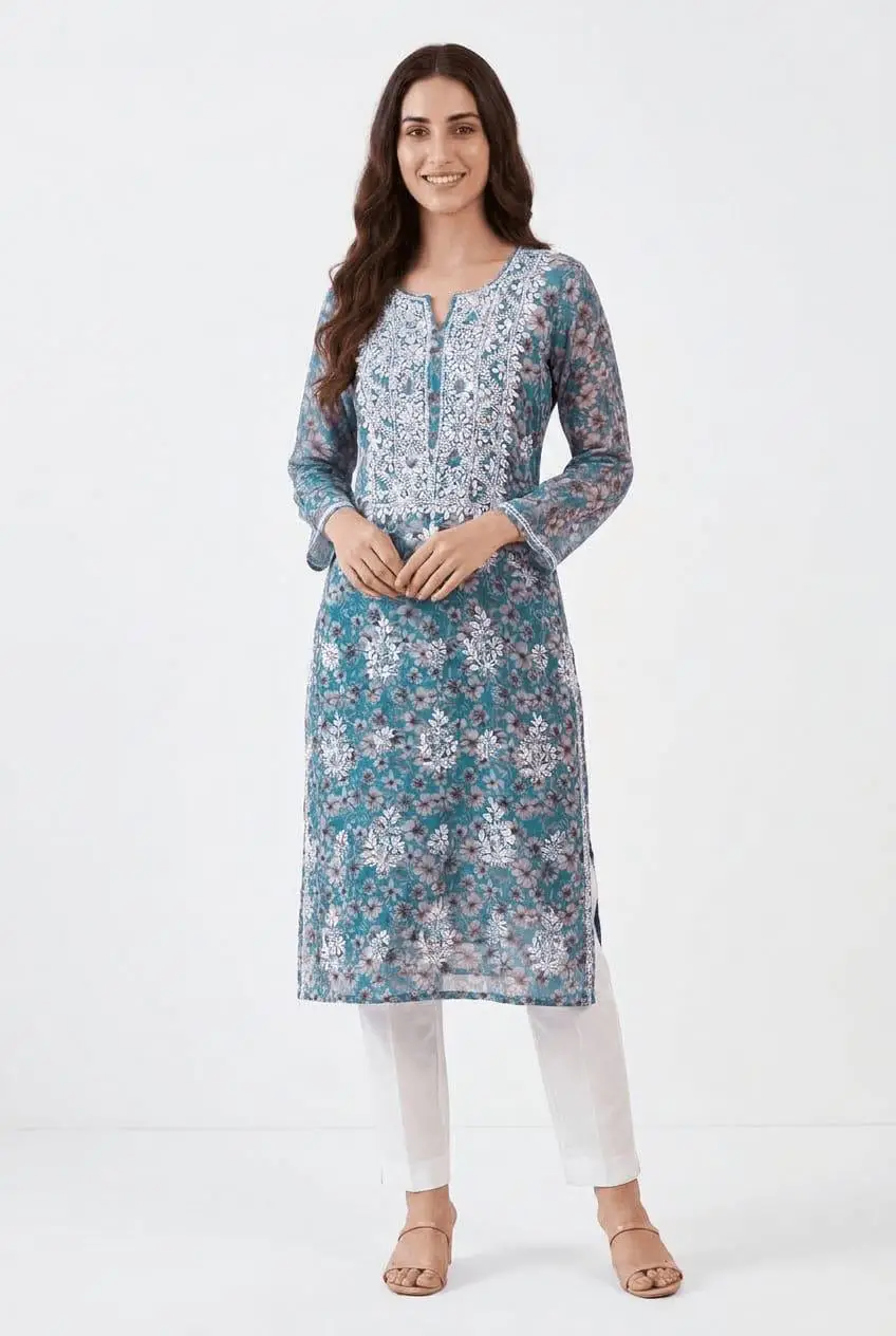 LCF CHIKAN EMBROIDERED UNSTITCHED Kurti piece only - BLUE