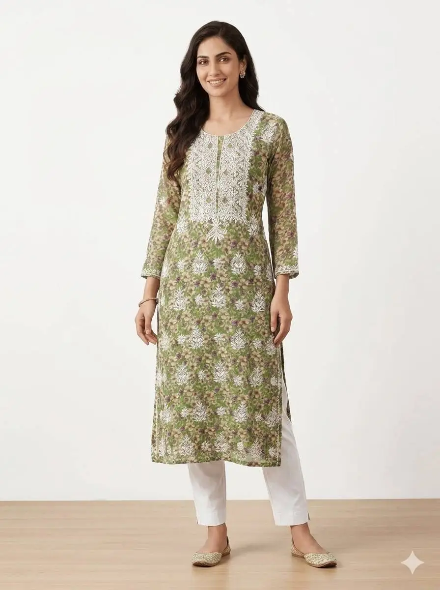 LCF CHIKAN EMBROIDERED UNSTITCHED Kurti piece only -GREEN