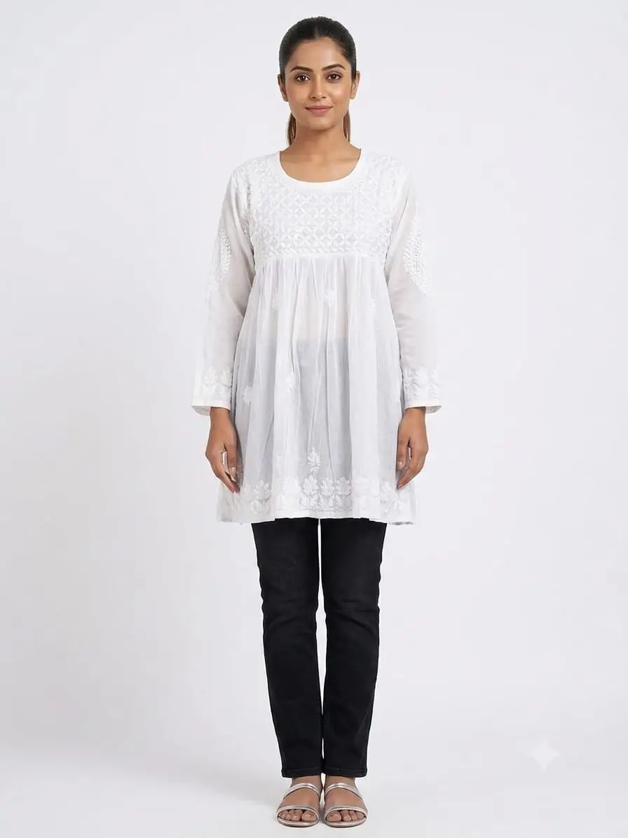 LCF soft cotton short chikankari kurti - White