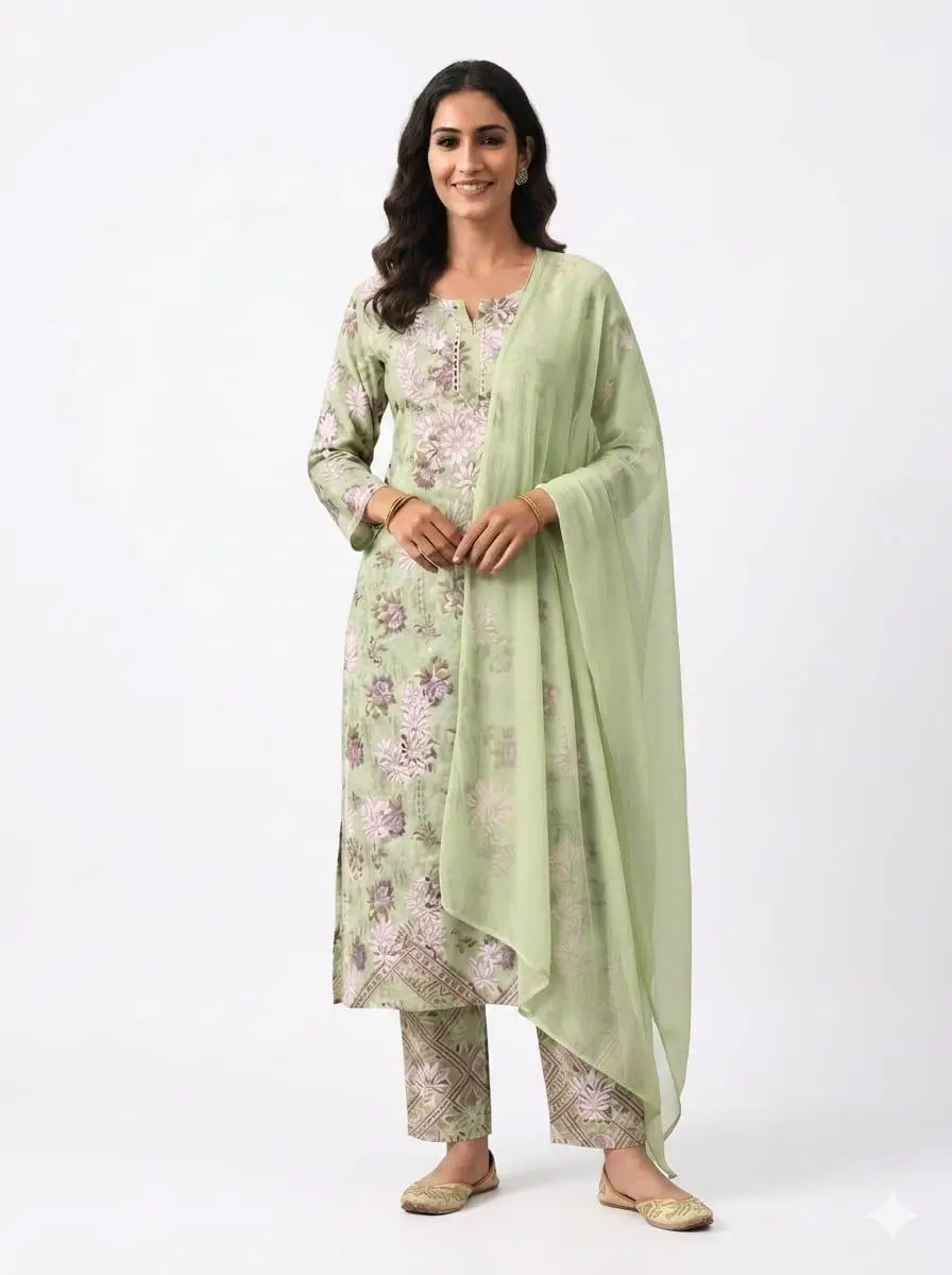 LCF Unstiched Pure Cotton Dress Material with Ghass Patti Work - Green