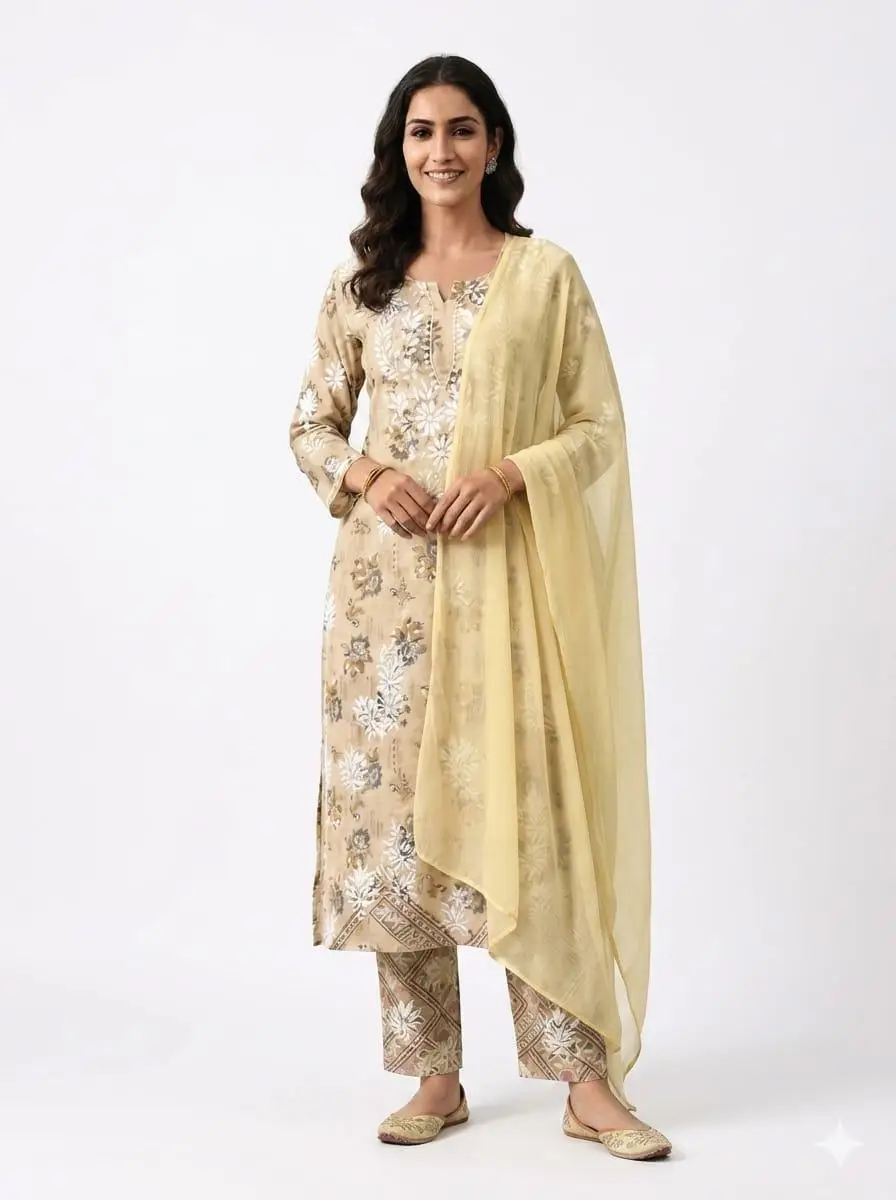 LCF Unstiched Pure Cotton Dress Material with Ghass Patti Work - Yellow