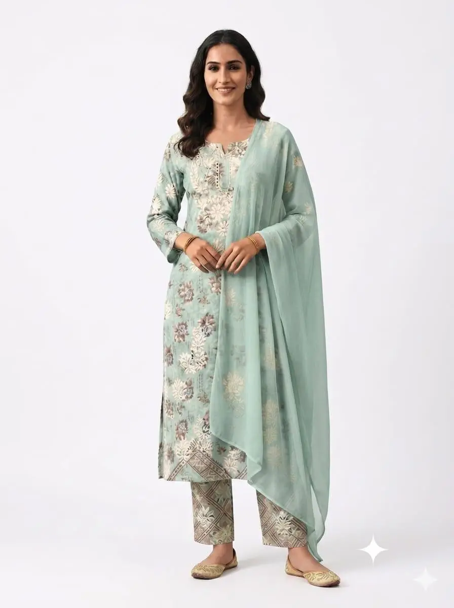 LCF Unstiched Pure Cotton Dress Material with Ghass Patti Work - Mint Green