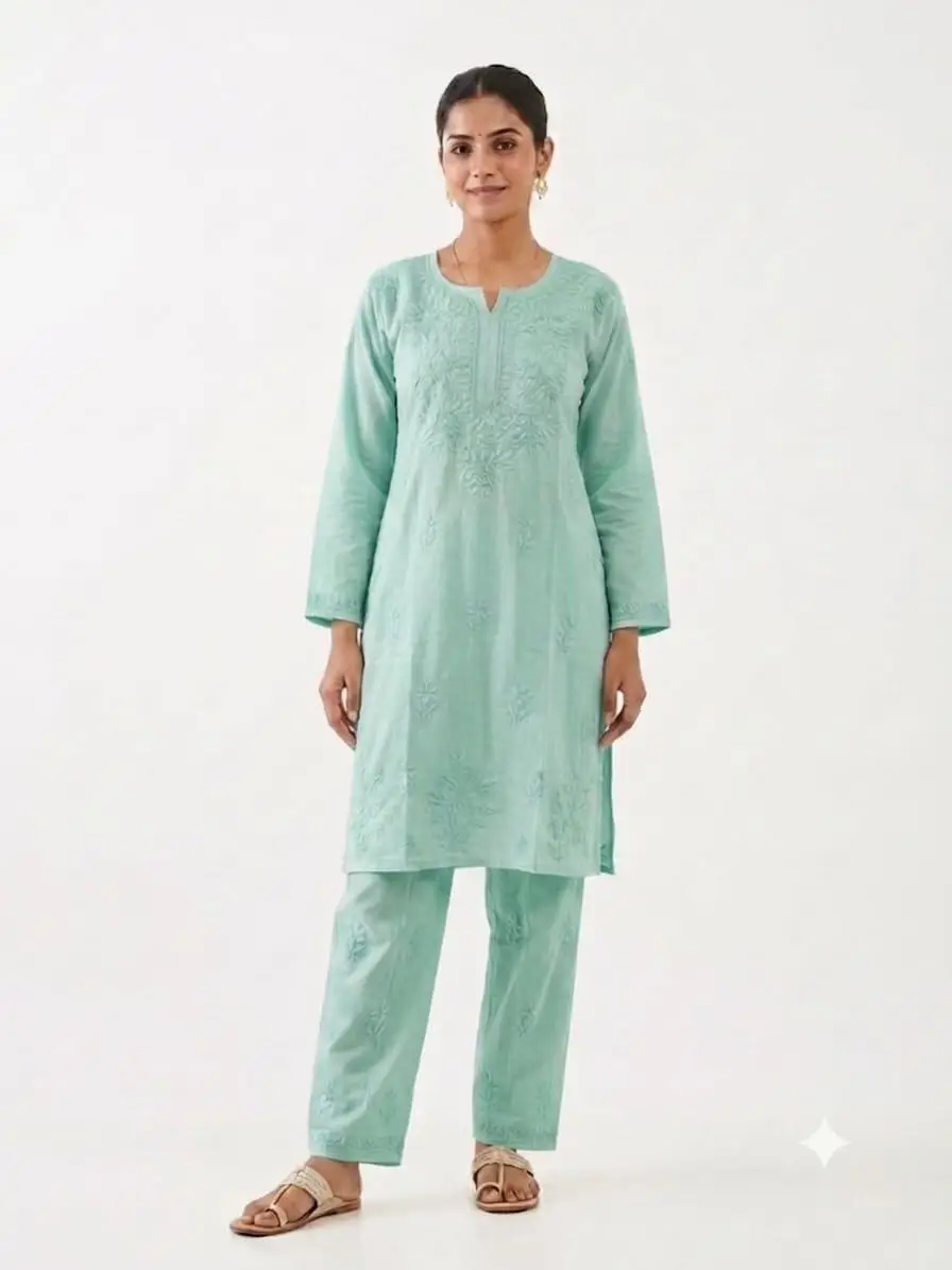 LCF Women's Rayon Neck & Booti Ghaas Patti Work Kurti Plazo Set - Mint Green