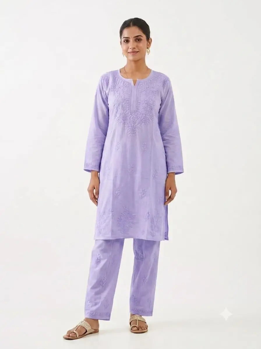 LCF Women's Rayon Neck & Booti Ghaas Patti Work Kurti Plazo Set - Purple