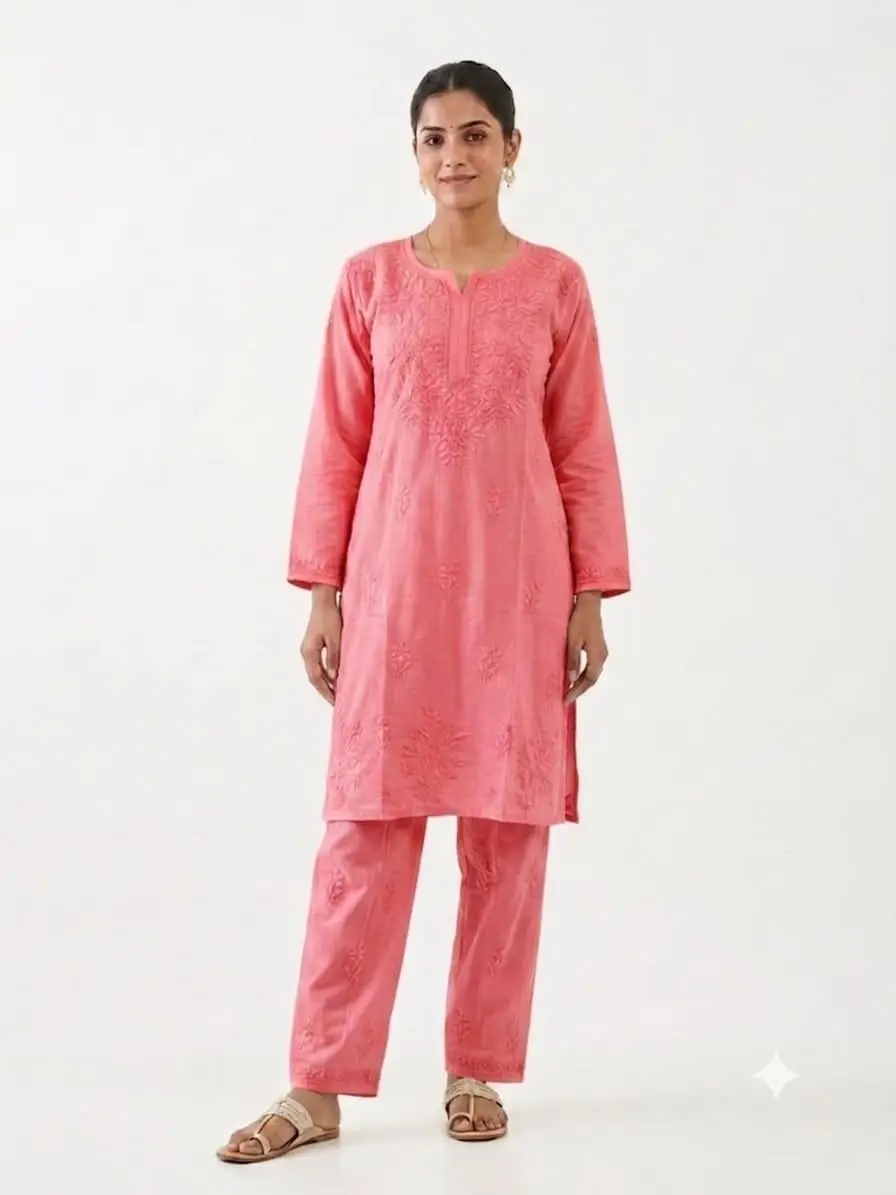 LCF Women's Rayon Neck & Booti Ghaas Patti Work Kurti Plazo Set - Red