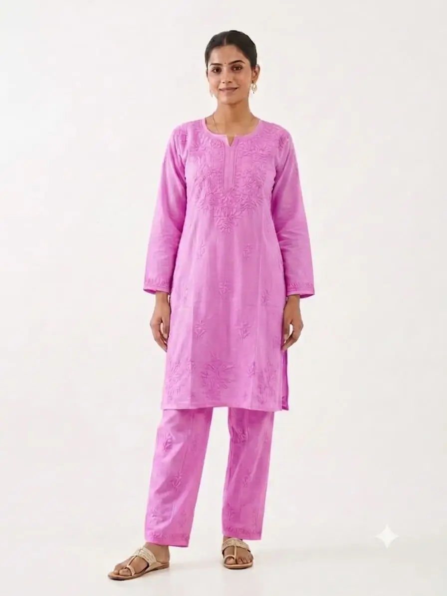 LCF Women's Rayon Neck & Booti Ghaas Patti Work Kurti Plazo Set - Hot Pink