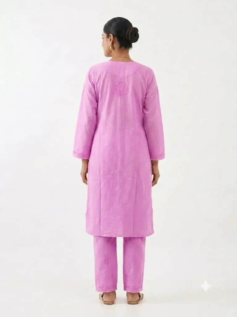 LCF Women's Rayon Neck & Booti Ghaas Patti Work Kurti Plazo Set - Hot Pink view 2