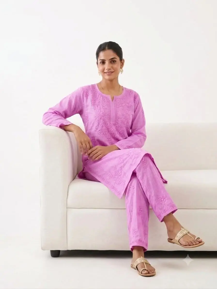 LCF Women's Rayon Neck & Booti Ghaas Patti Work Kurti Plazo Set - Hot Pink view 3