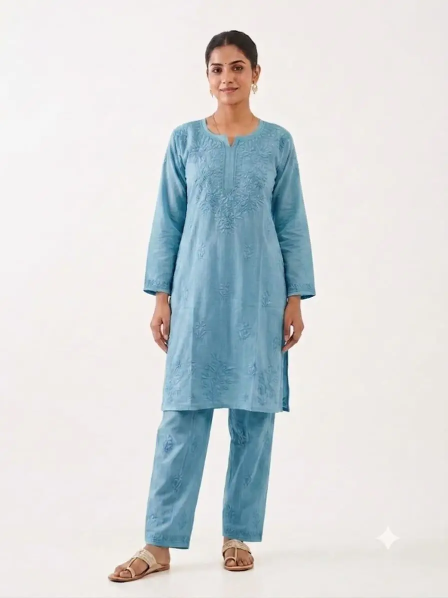 LCF Women's Rayon Neck & Booti Ghaas Patti Work Kurti Plazo Set - Teal