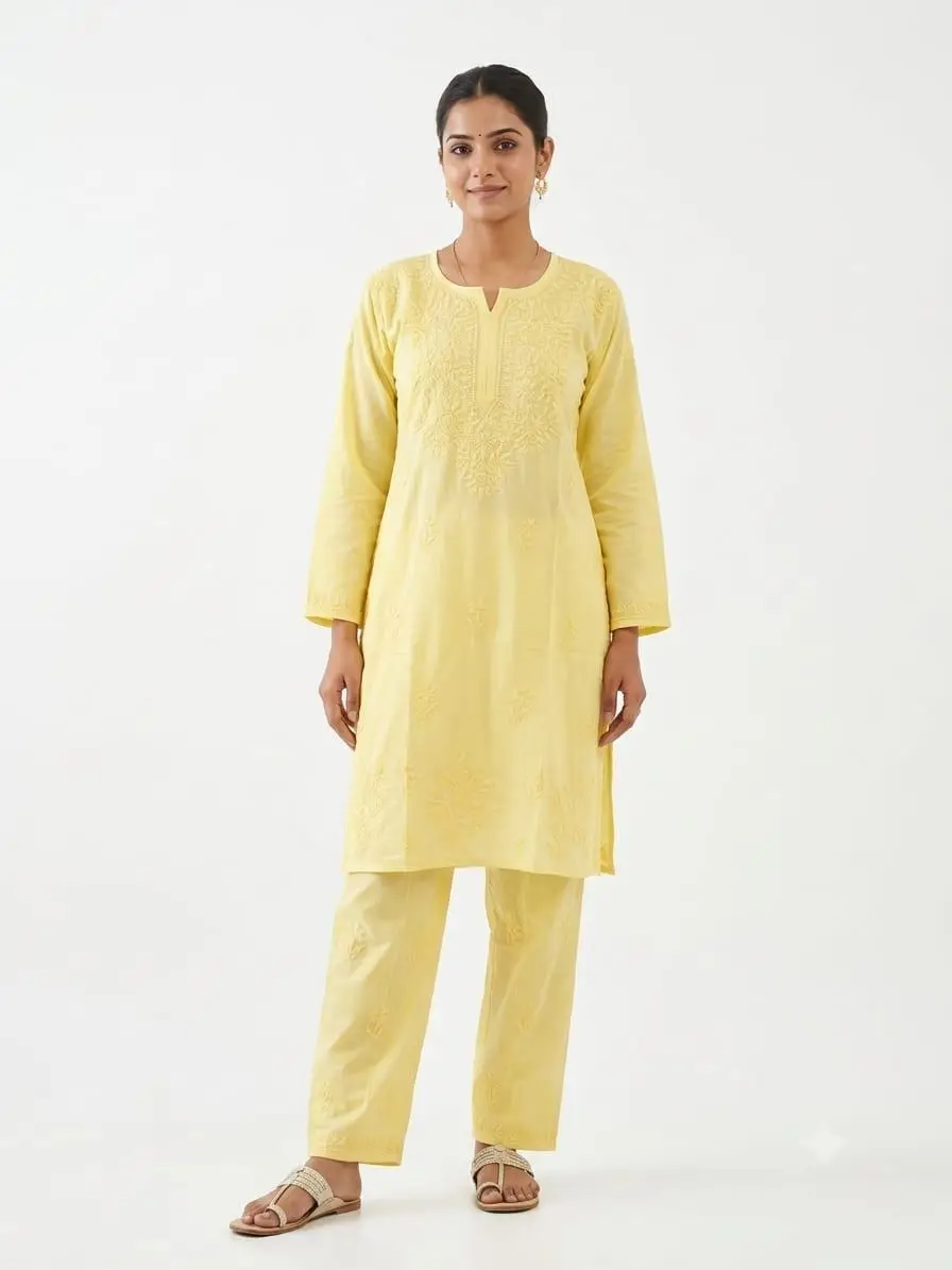 LCF Women's Rayon Neck & Booti Ghaas Patti Work Kurti Plazo Set - Yellow
