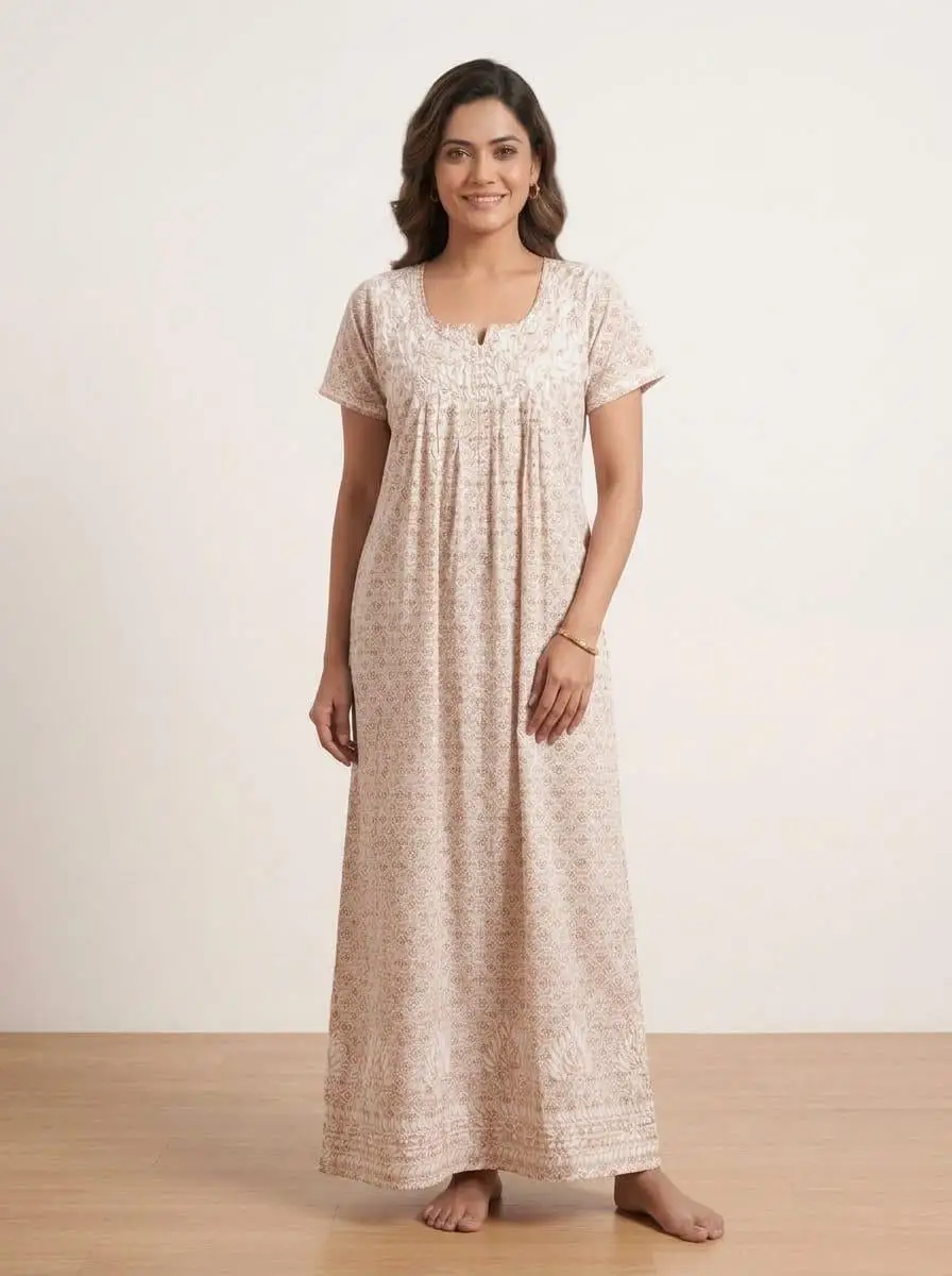 LCF Presents – Women's Printed Cotton Nighty with Ghas Patti Work - Pink