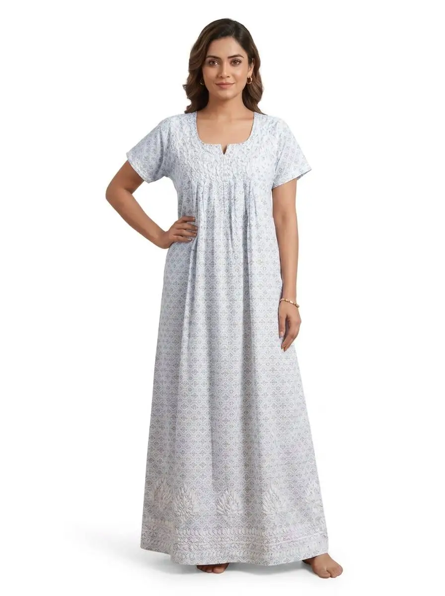 LCF Presents – Women's Printed Cotton Nighty with Ghas Patti Work - Blue