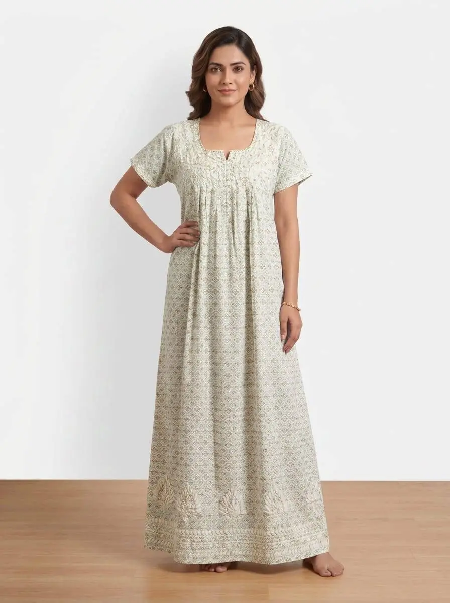 LCF Presents – Women's Printed Cotton Nighty with Ghas Patti Work - Green