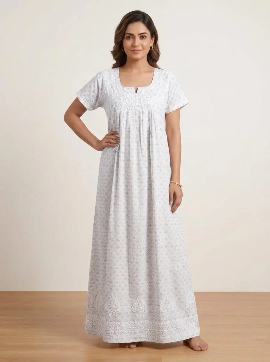 LCF Presents – Women's Printed Cotton Nighty with Ghas Patti Work - White