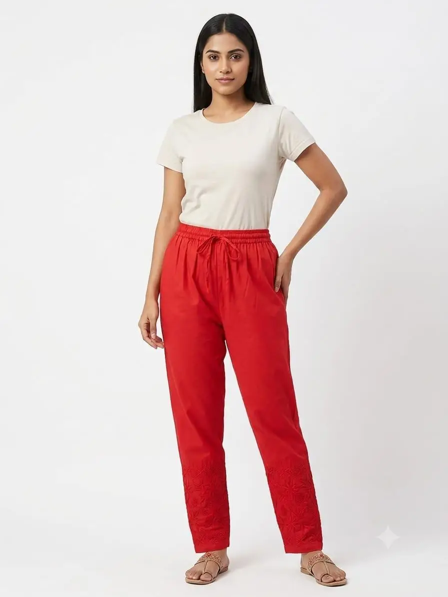 Chikan Embroidered Red Pants
