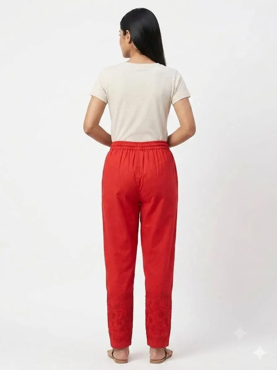 Chikan Embroidered Red Pants view 2