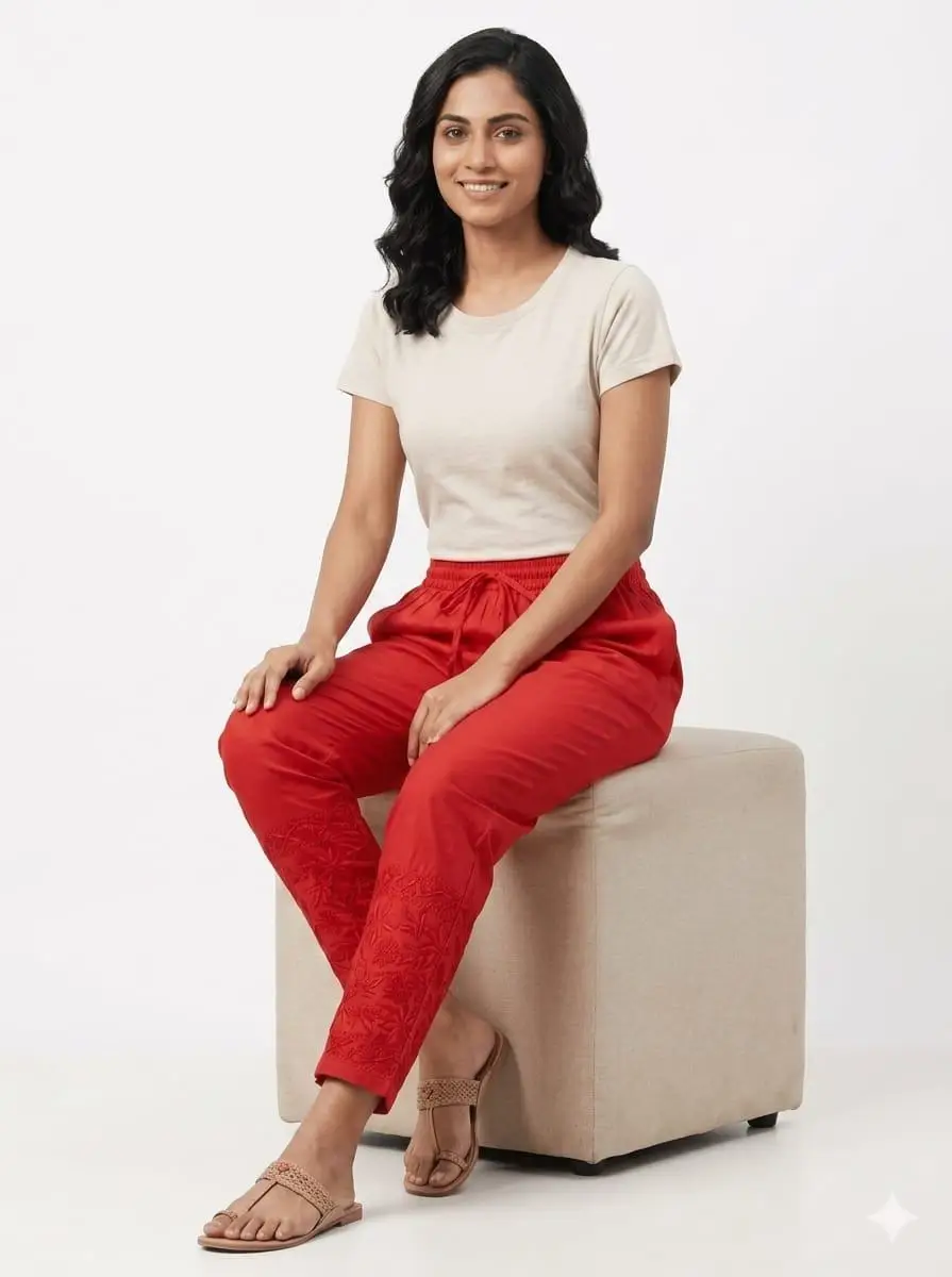 Chikan Embroidered Red Pants view 3