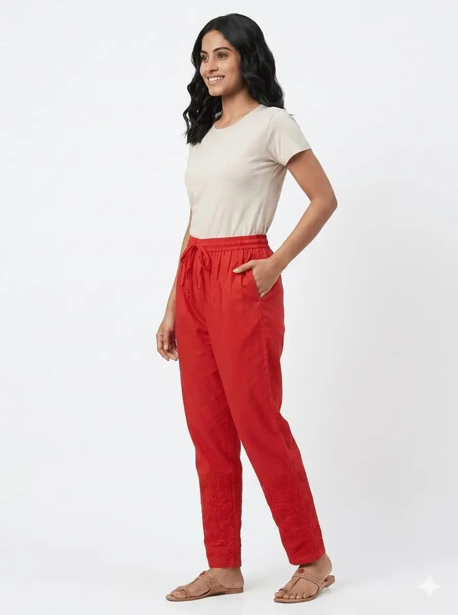 Chikan Embroidered Red Pants view 4