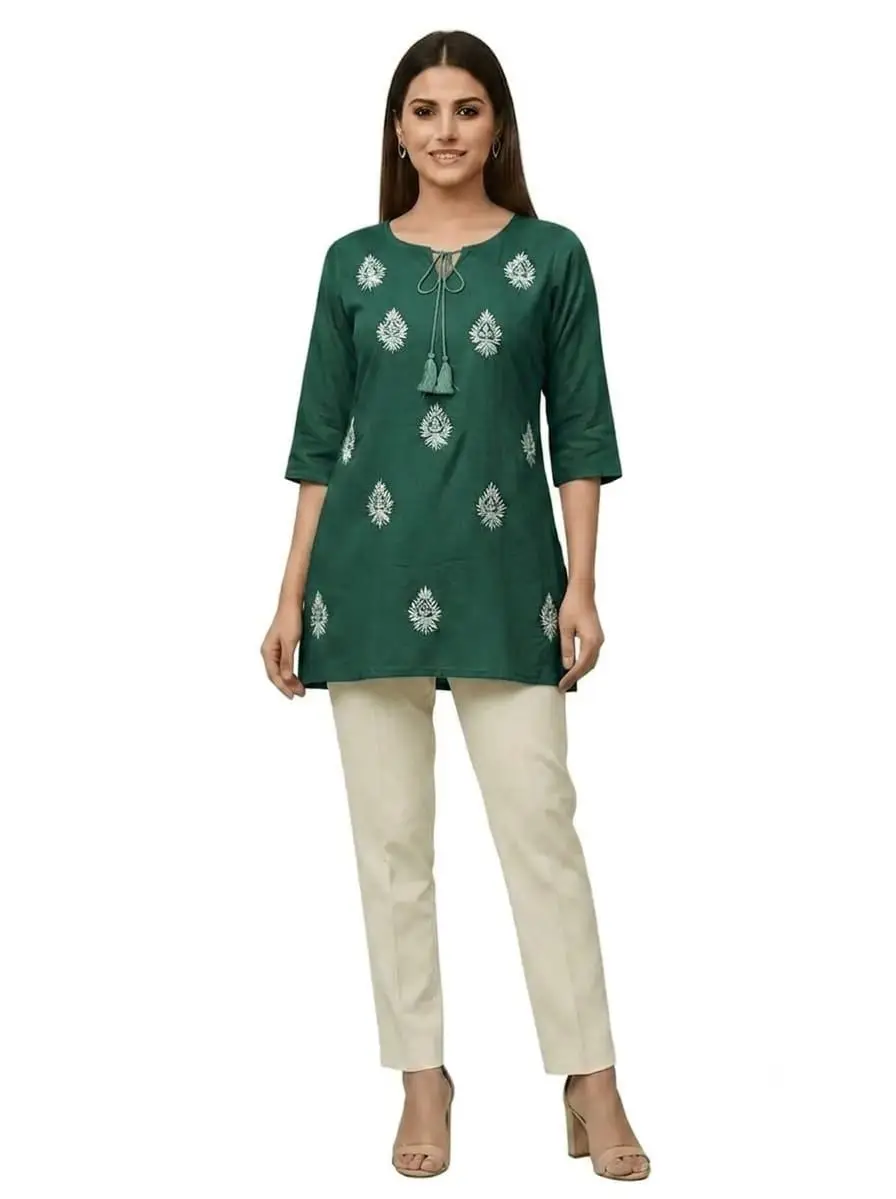 LCF Hand Embroidered Chikan Short Kurti - FOREST GREEN