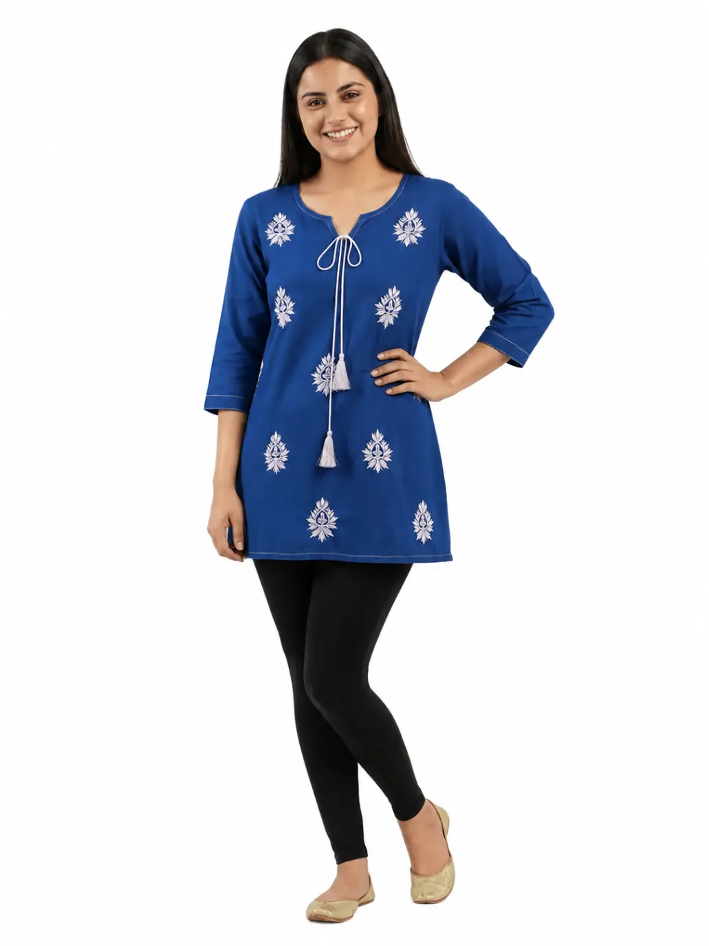 LCF Hand Embroidered Chikan Short Kurti - ROYAL BLUE