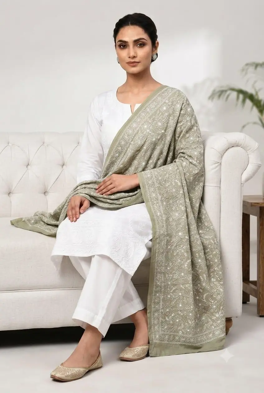 LCF CHIKAN  EMBROIDERED DUPATTA - LIGHT GREY view 2