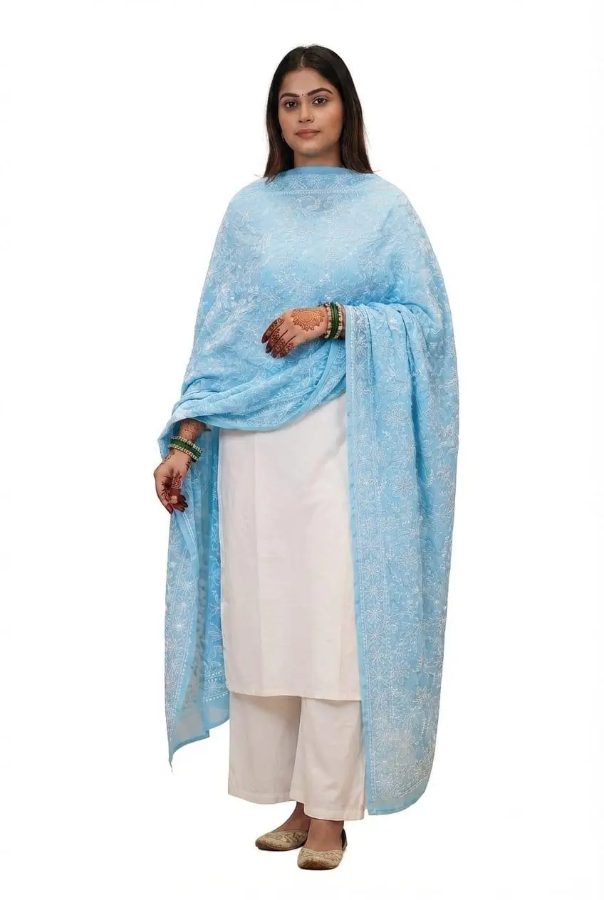 LCF CHIKAN EMBROIDERED DUPATTA - BLUE