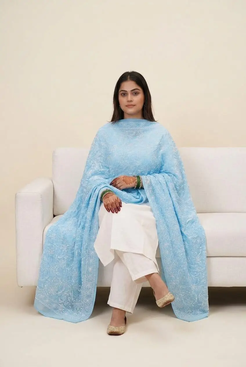 LCF CHIKAN EMBROIDERED DUPATTA - BLUE view 2