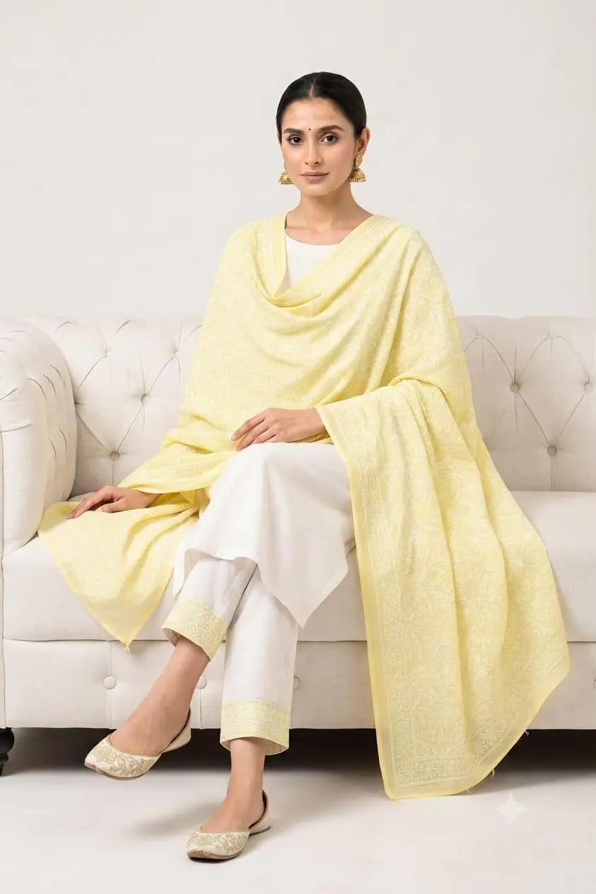 LCF CHIKAN EMBROIDERED DUPATTA - LIGHT YELLOW view 2