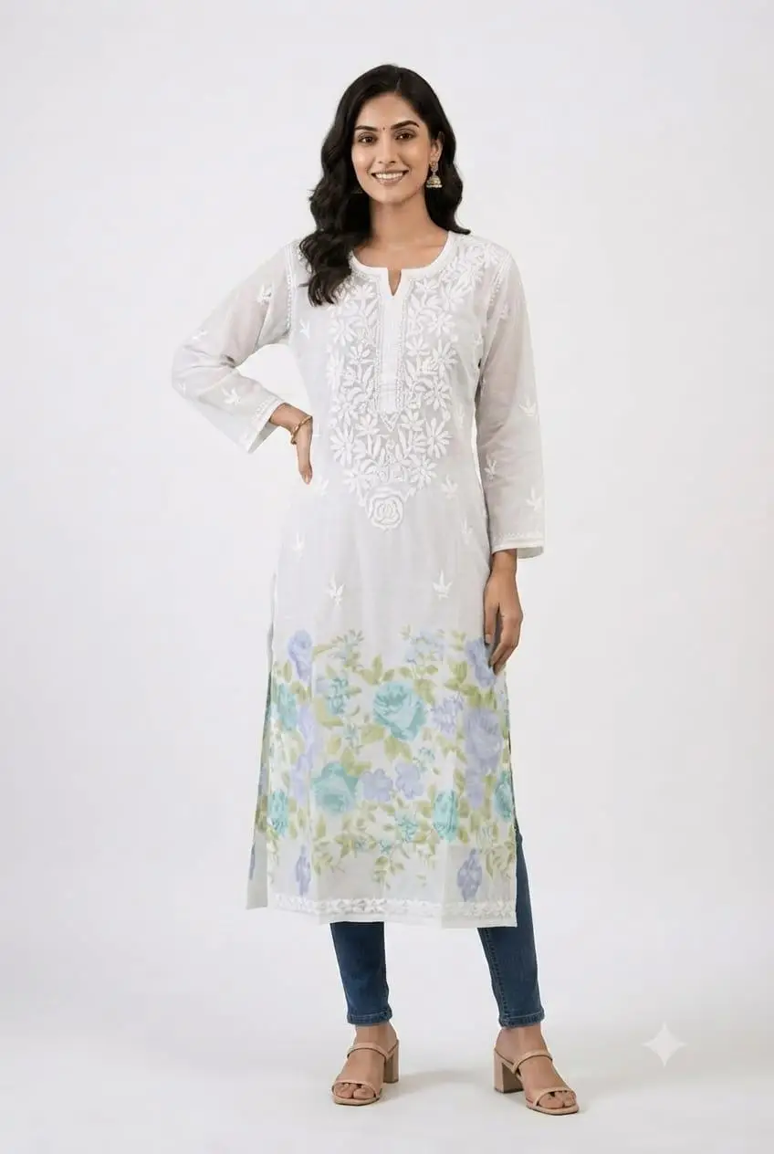 LCF Women's Mal Print Long Kurti with Ghass Patti Work - Print 01