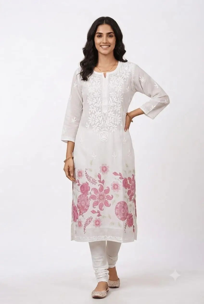 LCF Women's Mal Print Long Kurti with Ghass Patti Work - Print 02