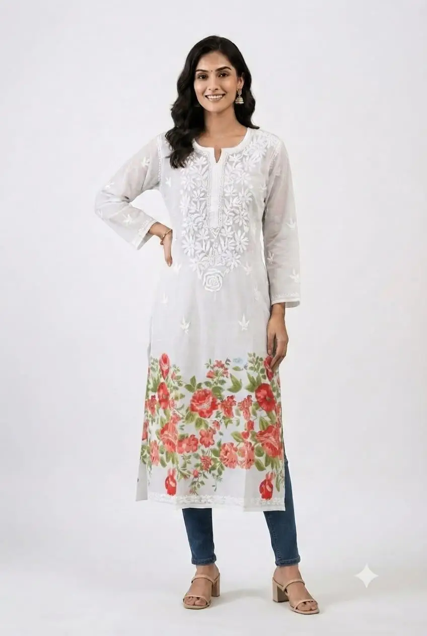LCF Women's Mal Print Long Kurti with Ghass Patti Work - Print 03