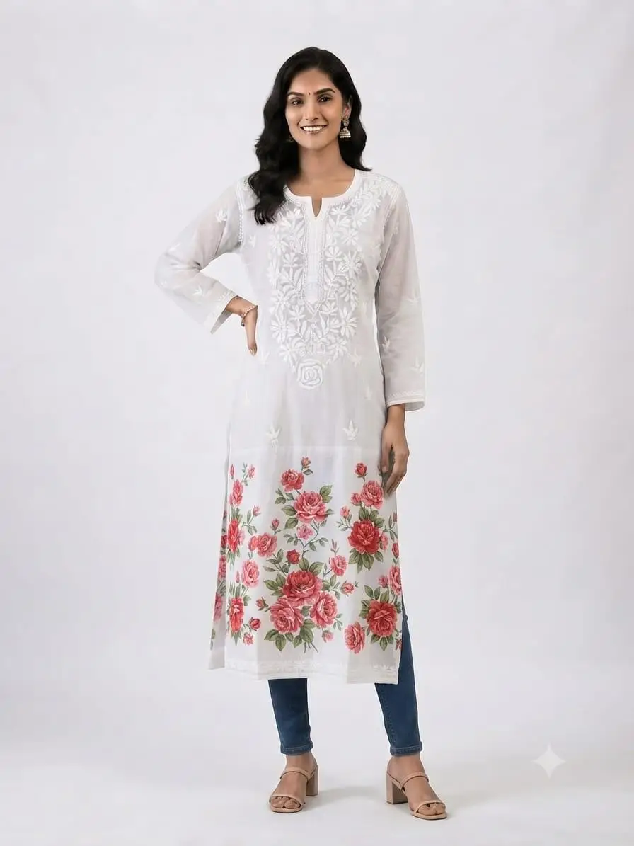 LCF Women's Mal Print Long Kurti with Ghass Patti Work - Print 04
