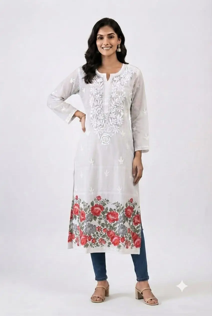 LCF Women's Mal Print Long Kurti with Ghass Patti Work - Print 05