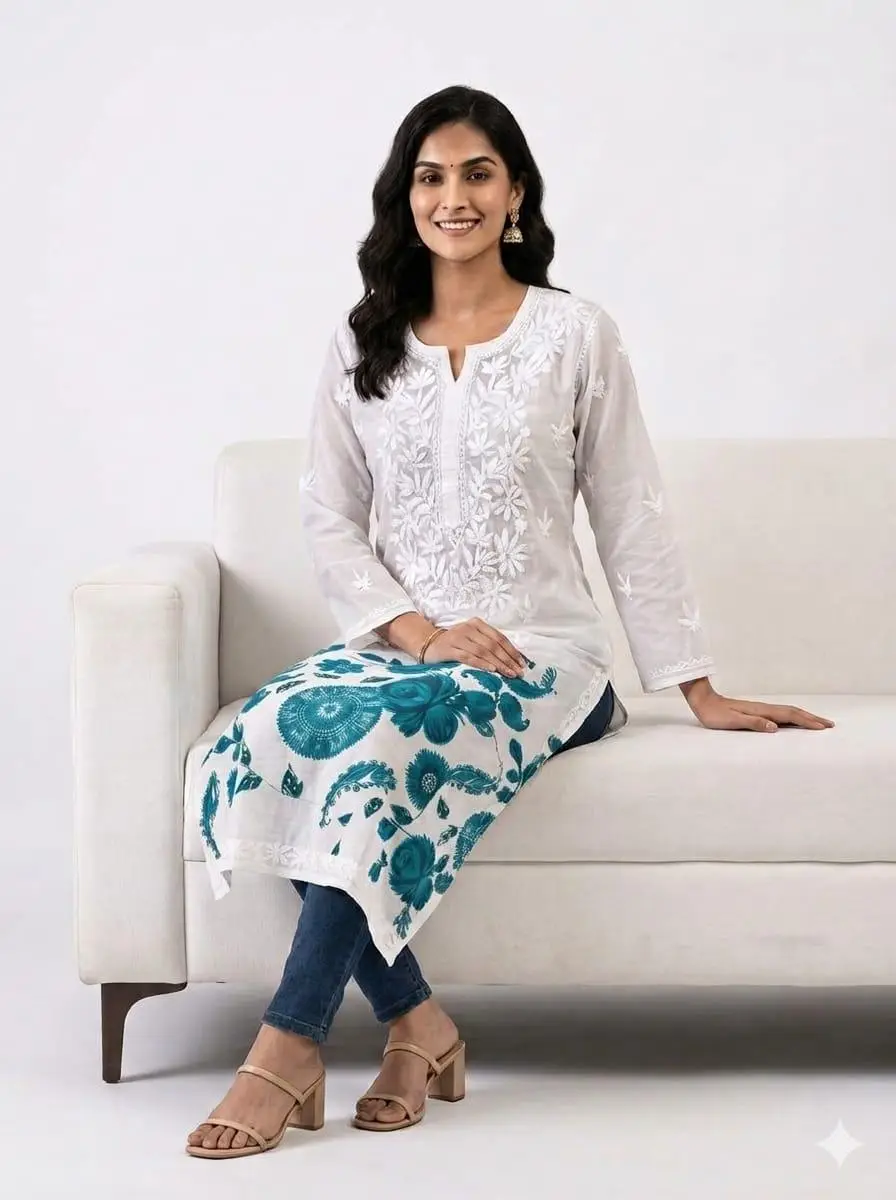 LCF Women's Mal Print Long Kurti with Ghass Patti Work - Print 06