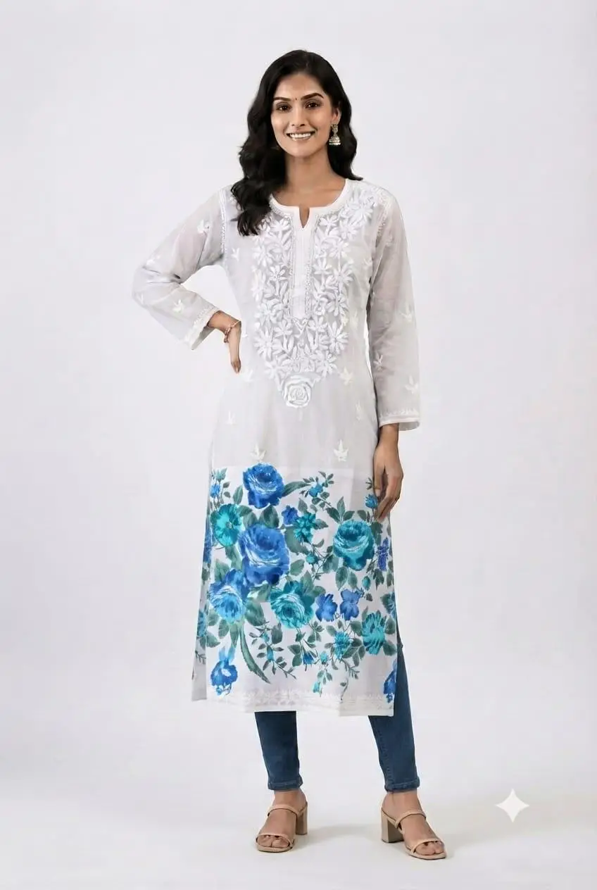 LCF Women's Mal Print Long Kurti with Ghass Patti Work - Print 07