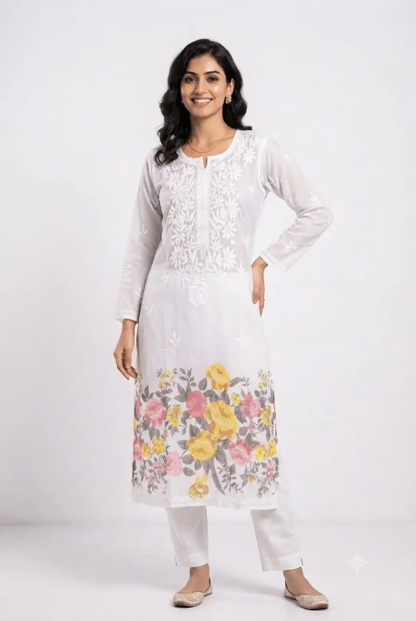 LCF Women's Mal Print Long Kurti with Ghass Patti Work - Print 08